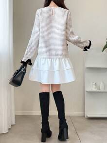 FRIFUL Women's Vintage Jacquard Button Contrast Color Ruffle Multi-Layer Hem Dress - White - View 8