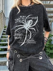 Grunge Punk ROMWE X Lorella 女款復古做舊蜘蛛標語印花雪洗短袖T恤，適合嘻哈街頭風與音樂節，DON'T TOUCH THE BOTTOM LINE，校園，中性款 - 黑色 - 查看 5