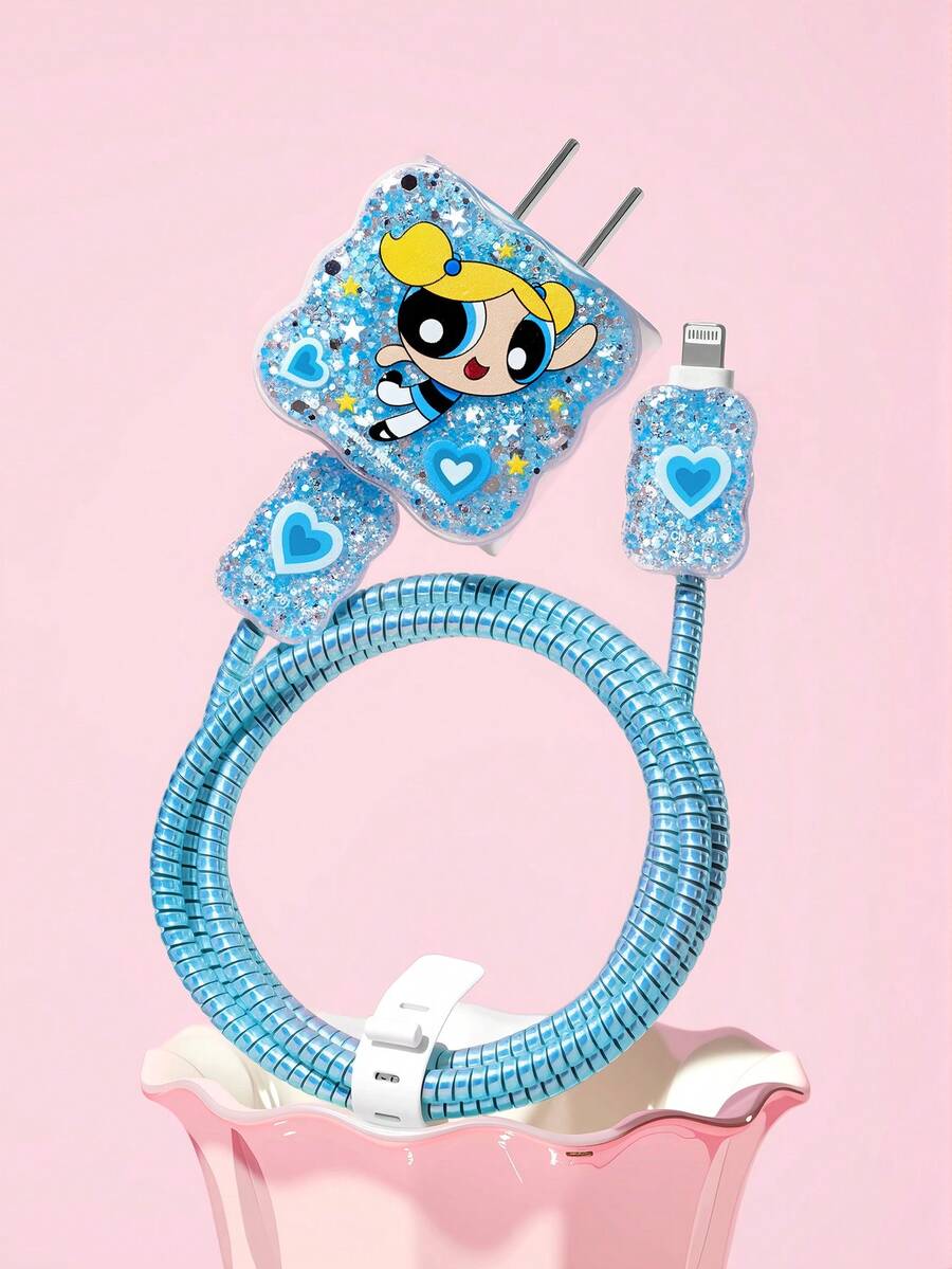 THE POWERPUFF GIRLS X SHEIN 4-Piece Mobile Phone Data Cable Protective Cover Is Suitable For IPhone Charging Cable Data Cable Protective Cover (Excluding Data Cable) - Bubbles-Blue - View 1