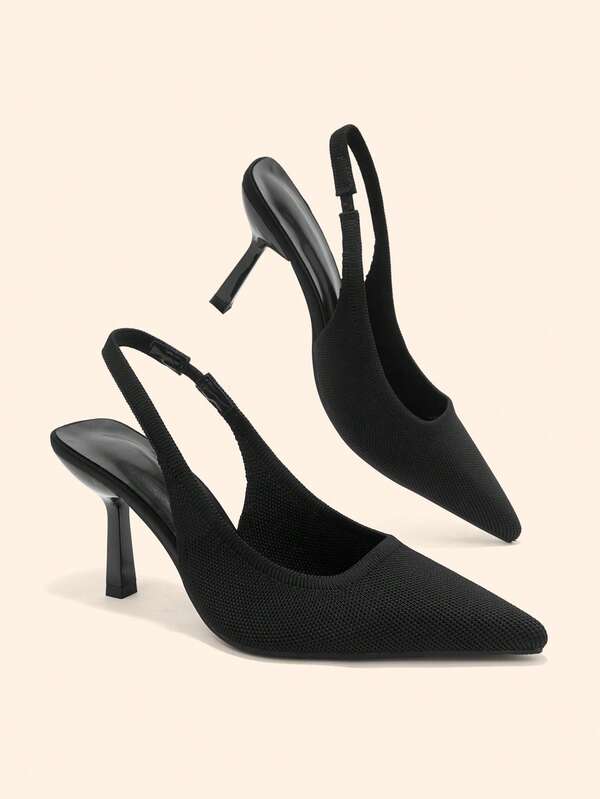 CUCCOO BASICS Ladies Pointed Thin Heel Sexy Avant-Garde Back Strap Slingback Slip-On Fashion High Heel Shoes Nightclub Gorgeous Stretch Black Fabric