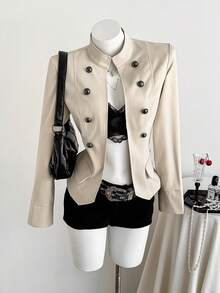 Elamini Women's American Style Double-Breasted Elegant Versatile Long Sleeve Jacket Night Out Beige Autumn - Apricot - View 7