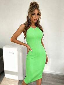VaVaBold Vestido de mujer elegante de unicolor sin mangas - Verde - Ver 4