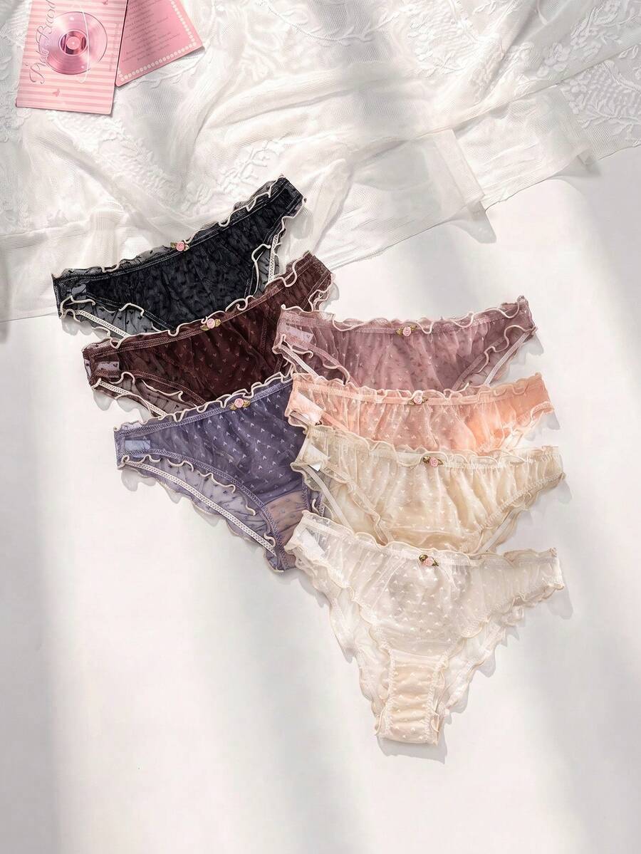 PetitDoll 7 件装女士网眼内衣内裤,带褶边 - 彩色 - 查看 1