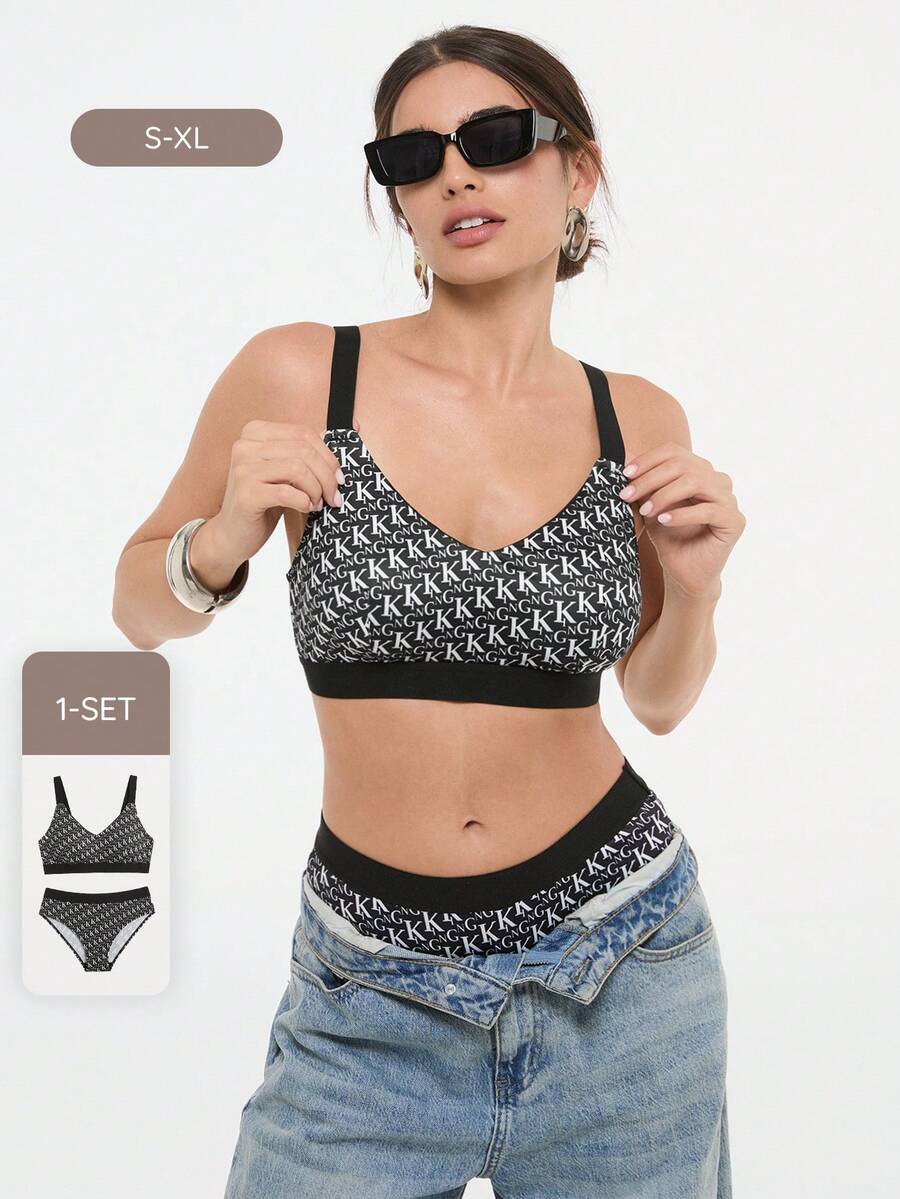 Bralution Women's Letter Print Bra And Triangle Panty Sports Underwear Set - Black and White - View 1