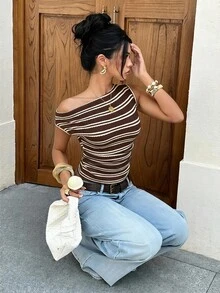 Siren Gaze 優雅時尚條紋斜肩無袖針織上衣 修身款 夏季冬季外穿 - 巧克力棕 - 查看 5