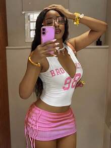 Fiercella Fiercella 時尚女款粉色與黃色拼色背心上衣與粉色裙子 2 件套 - 彩色 - 查看 5