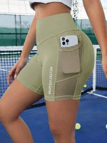 Powerista Women's Mesh Patchwork Phone Pocket Sports Shorts, Summer - Limelight Green - View 9