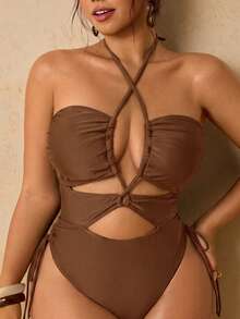 Travachic Plus Size Women Solid Color Criss-Cross Halter Hollow Out One-Piece Swimsuit With Side Tie High Cut Slimming Summer Beach Swimwear Suitable For Pool Party - Brown - View 8