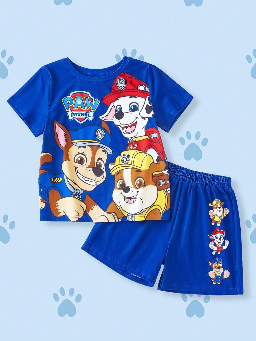 SHEIN | PAW Patrol 卡通印花圆领短袖T恤和短裤休闲套装,适合小男孩 - 藏蓝色 - 查看 1
