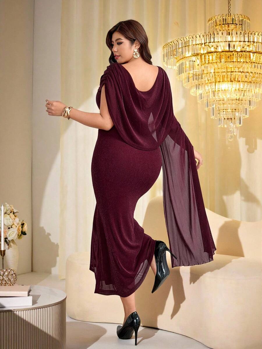 Modelyn Vestido elegante de malla brillante con cuello drapeado, manga extra larga, ajuste ceñido regular, para primavera/verano, talla grande - Burdeos - Ver 1