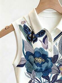 Franclia 女款花卉刺繡圖案仿珍珠裝飾休閒百搭日常外出上衣 - 彩色 - 查看 3