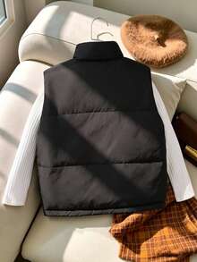 SHEIN Elladie kids 秋冬女童大童可翻面立領加厚保暖背心，一面絎縫布料一面柔軟羊羔絨，加厚保暖防風，寬鬆百搭無袖棉服背心，學生日常內搭外穿二合一背心，雪地旅行與校園防風保暖兒童棉背心 - 黑與白 - 查看 2