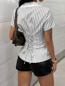 StreetHx American Style Striped Collared Short Sleeve Shirt, Ruched Waist Slim Fit Flattering Sexy Top - White - View 2