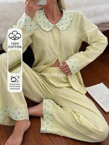 DAZY Women's Star Print Patchwork Top & Pants Pajama Set Fall - Green - View 6