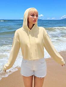 SHEIN EZwear 休閒極簡淡黃色基本款短版連帽寬鬆女款運動衫，舞蹈運動衫，適合春季、夏季、初秋 - 杏色 - 查看 8
