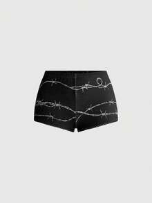 ROMWE Dark Gothic Punk Thorn Print Fitted Cami Top & Ultra Low Waist Mini Shorts 2 Pieces Set - Black - View 5