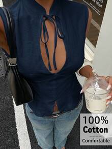 Aloruh 女款春夏純色立領前開衩綁帶露背收腰白色無袖襯衫，適合通勤、辦公、日常、外出、休閒 - 藏蓝色 - 查看 10