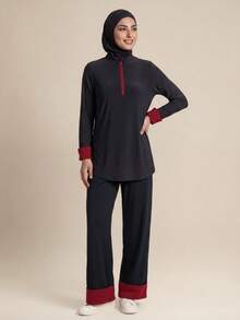 With My Calm With My Calm Athletic Modest Sweatpants, Wide Leg Pants, Training Running Fitness Casual Style, Loose Fit, Color Block Design Gym Dark Red Summer - Black - View 1