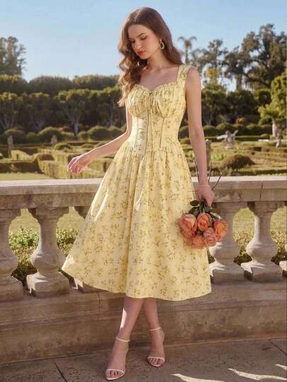 Vintamour Vestido ajustado de mujer con estampado floral vintage clásico y elegante, vestido de primavera y verano con volantes y patchwork, vestido con bajo de campana amarillo pálido, vestido fruncido