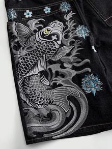 ROMWE MEN 男士寬鬆牛仔短褲，魚刺繡圖案 - 黑色 - 查看 2