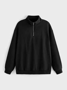 Merionis Herren-Sweatshirt mit hohem Baumwollanteil, weich und bequem, einfarbig, mit halbem Reißverschluss, langen Ärmeln, lässig, Basic, für Urlaub, Reisen, Herbst - Schwarz - Übersicht 4
