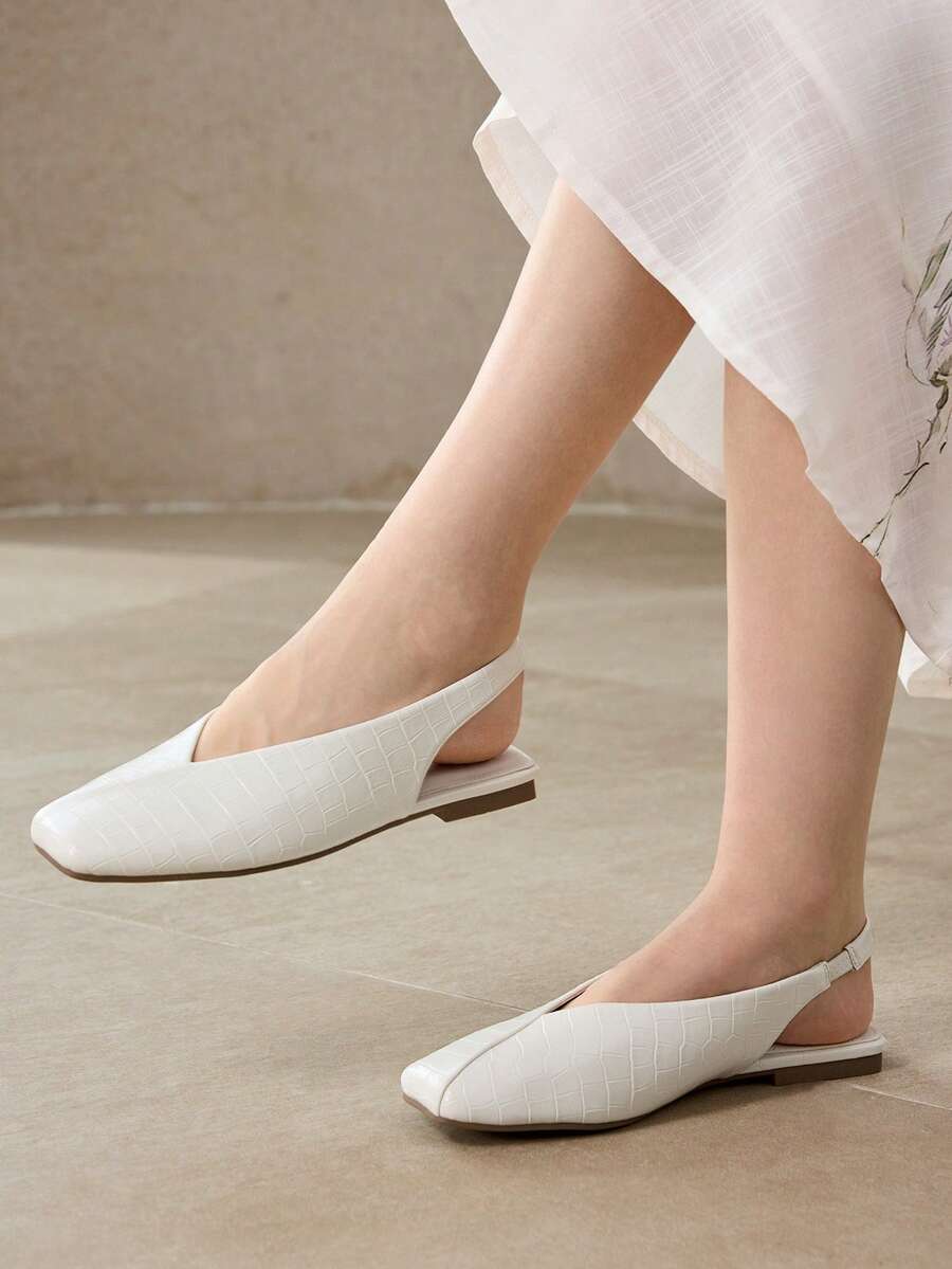 MOTF WOMEN SHOES NEW EUROPEAN AND AMERICAN FASHION STONE PATTERN SLINGBACK FLAT BOTTOM SAUQRE TOE SANDALS, WHITE VERSATILE TEMPERAMENT SLIP-ON FAIRY, COMFORTABLE AND ELEGANT HOLIDAY STYLE SHOES - White - View 2