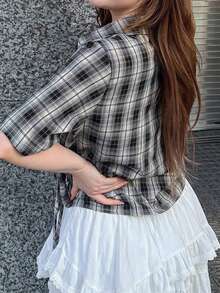 Dazy Plus New Plaid Drawstring Tie Bow Casual Versatile Spring Summer Autumn Shirt Cute Tops - Black - View 2