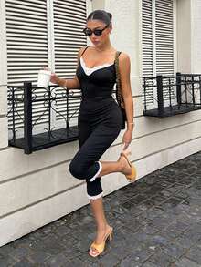 Flirla Women's French Fashion Lace Patchwork Spaghetti Strap Jumpsuit - Black and White - View 3