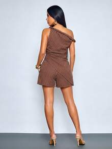 SOLERSUN Women's Chic Brown Stripe Asymmetrical Shoulder Twist Hem Blouse Shorts With Pockets For Night Out Office Two Pieces Set Minimalist Casual Sexy Summer - Brown - View 2