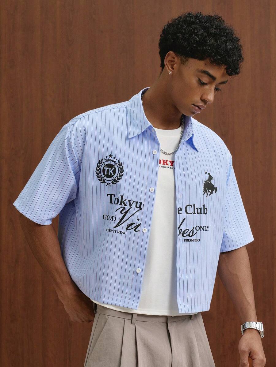 TOKVUE Men's Letter Striped Short Sleeve Single-Breasted Casual Shirt - Multicolor - View 1