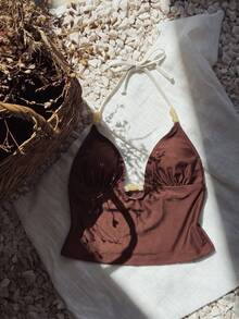 Elavelle 女款春夏純色細肩帶串珠裝飾背心比基尼套裝 - 棕色 - 查看 2