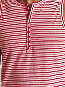 Musero Camiseta de tirantes Henley acanalada a rayas con detalle de botones delanteros, esencial para primavera y verano - Rojo - Ver 5