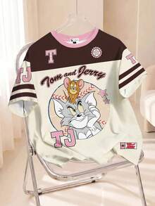 TOM & JERRY X SHEIN 女式拼色复古运动风格休闲卡通字母图案圆领短袖 T 恤，舒适夏装，棕色和粉色 - 白色 - 查看 1