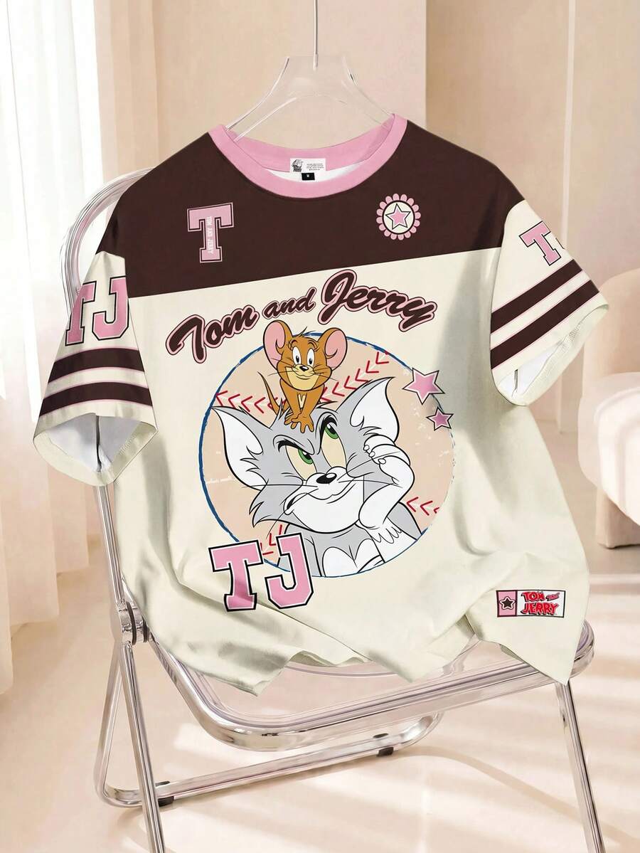 TOM & JERRY X SHEIN 女式拼色复古运动风格休闲卡通字母图案圆领短袖 T 恤,舒适夏装,棕色和粉色 - 白色 - 查看 1