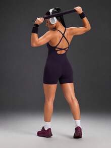 Powerista Women's Plus Size Solid Color Casual Daily Outdoor Sports Romper Gym Running Fitness Workout Going Out Autumn Jumpsuit Backless Purple Backless - Purple - View 8