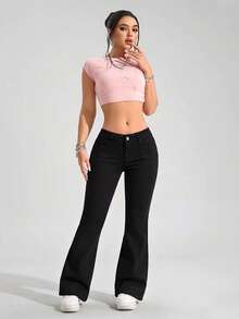 SHEIN PETITE Women's Casual Versatile Flared Jeans With Pockets - Black - View 3