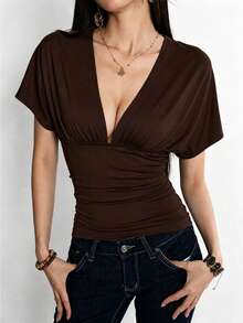 Rina Fox Women's Solid Color Deep V-Neck Back Tie Short Sleeve Sexy Fitted Top - Brown - View 4
