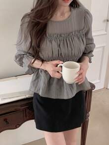 DAZY 女款圓領荷葉邊長袖春夏襯衫 - 淺灰色 - 查看 1