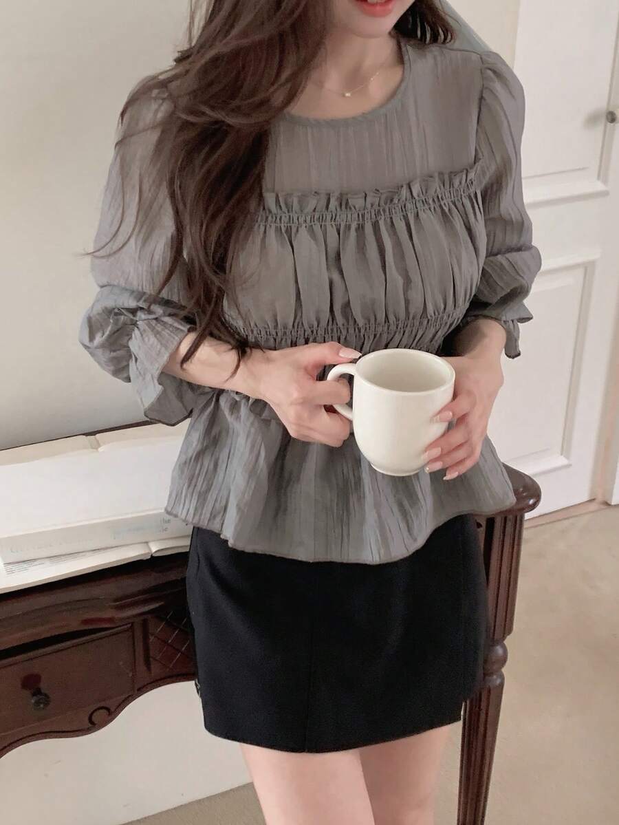 DAZY 女款圓領荷葉邊長袖春夏襯衫 - 淺灰色 - 查看 1