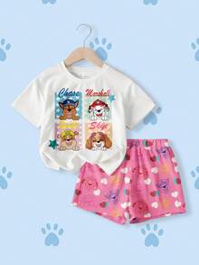 SHEIN | PAW Patrol 女童极简印花圆领短袖T恤和短裤套装 - 白色 - 查看 1