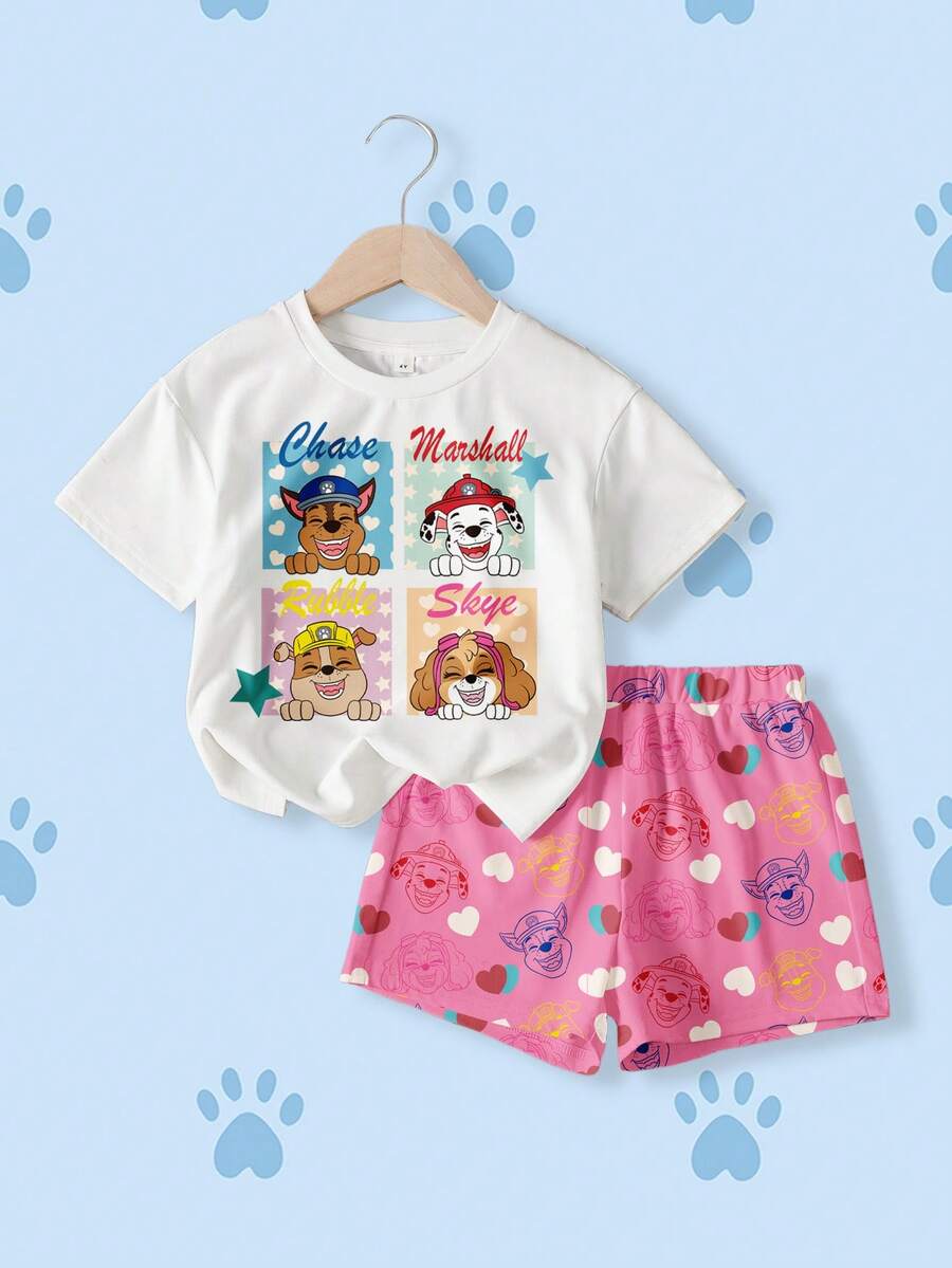 SHEIN | PAW Patrol 女童极简印花圆领短袖T恤和短裤套装 - 白色 - 查看 1