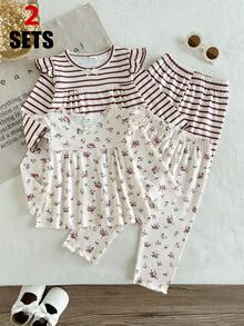 SHEIN Vintaside Kids 4件組女嬰休閒可愛花卉印花與經典條紋長袖上衣褲子套裝，適合春夏秋冬、室內、戶外、度假、旅行、假日、日常穿著 - 彩色 - 查看 1