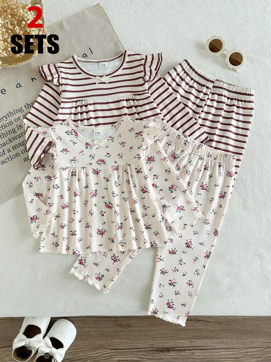 SHEIN Vintaside Kids 4件組女嬰休閒可愛花卉印花與經典條紋長袖上衣褲子套裝,適合春夏秋冬、室內、戶外、度假、旅行、假日、日常穿著 - 彩色 - 查看 1