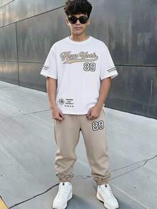 SHEIN 2件組青少年男孩休閒簡約字母印花圓領套頭上衣套裝，適合夏季 - 彩色 - 查看 2