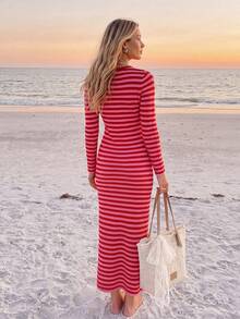 Sylviya Vestido casual de mujer francés de manga larga a rayas rojas para otoño/invierno, ropa de vacaciones de otoño para mujer, vestido elegante, vestidos casuales, vestido de playa - Multicolor - Ver 3