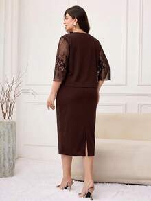 Modelyn Plus Size Elegant Party Sequin Jacket & Dress 2 Pieces Set - Rust Brown - View 2