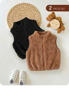 SHEIN Set 2 Potong Baju Bayi Laki-laki dan Perempuan Musim Gugur/Dingin yang Lucu dan Serbaguna, Rompi dan Jaket Warna Polos yang Lembut - MultiWarna - View 1