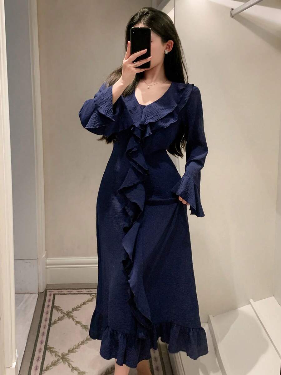 DAZY 秋冬款純色優雅荷葉邊女款睡裙 - 藍色 - 查看 1