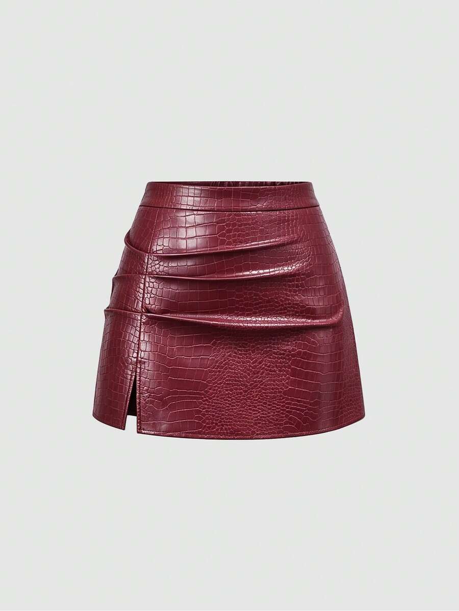 Sweetra Plus Size Ruched PU Leather Mini Skirt, A-Line Bodycon Slimming Skirt For Women Fall - Burgundy - View 1