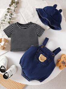 SHEIN Playful Pals 新生兒夏季可愛熊刺繡口袋可調節肩帶連身衣藍白條紋休閒短袖T恤柔軟套裝適合城市度假 - 藍色 - 查看 4